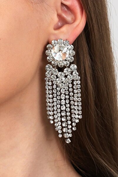 Furtek Aksesuar Kadın Valeria Saçaklı Sallantılı Zirkon Taşlı Model Gümüş Pırlanta Abiye Düğün Balo Parti Küpe