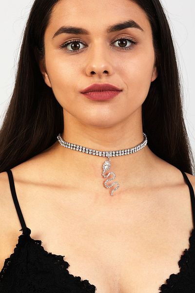 Furtek Aksesuar Women's Snake Model Zircon Stone Silver Diamond Evening Dress Wedding Engagement Prom Prom Leash Choker Choker Jewelry