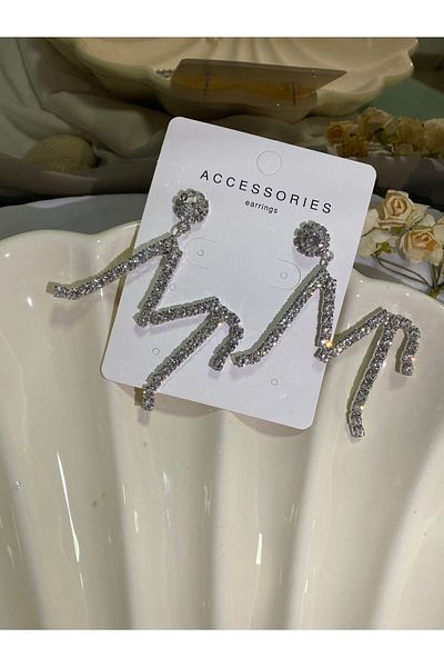 Furtek Aksesuar Women's M Letter Model Zircon Jewelled Dangle Diamond Silver Evening Dress Wedding Promise Henna Party Prom Earrings