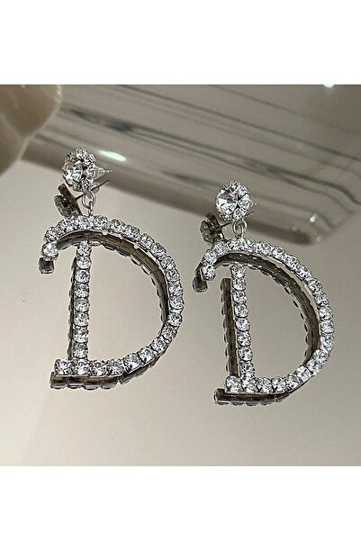 Furtek Aksesuar Kadın D Harf Model Zirkon Taşlı Gümüş Pırlanta Abiye Elbise Düğün Nişan Kına Söz Parti Balo Küpe