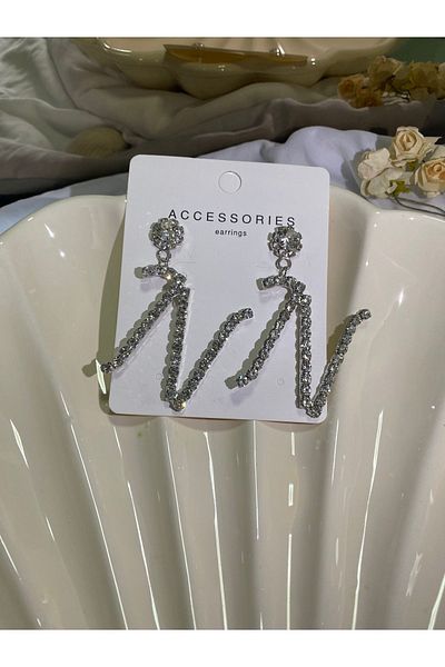 Furtek Aksesuar Women's N Letter Model Zircon Jewelled Dangle Diamond Silver Evening Dress Wedding Promise Henna Party Prom Earrings
