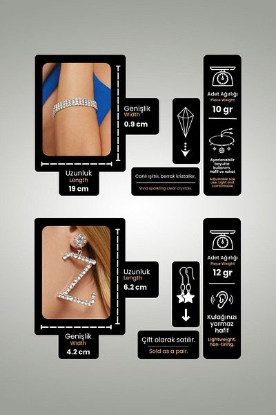 Furtek Aksesuar Women's Nia Model Zircon Stone Silver Diamond Earring Bracelet Evening Dress Wedding Engagement Henna Promise Party Jewelry Set