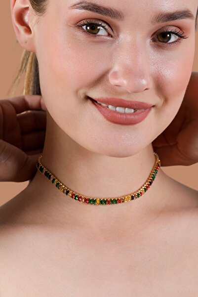 Furtek Aksesuar Kadın Renkli Tek Sıra Altın Kaplama Kristal Zirkon Taşlı Pırl...