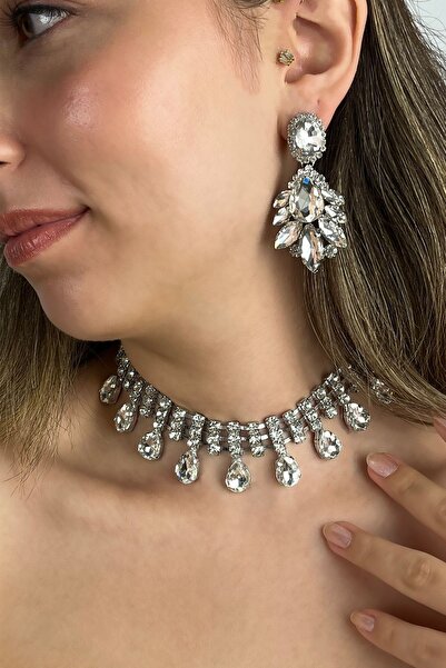 Furtek Aksesuar Kadın Fulmine Model Kristal Zirkon Taşlı Gümüş Kaplama Kolye + Küpe Günlük Stil Kombin Takı Seti