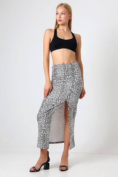 winmoda Fusta lungă cu fantă din țesătură pentru scufundări Lungime maxi 92 cm Model leopard deschis
