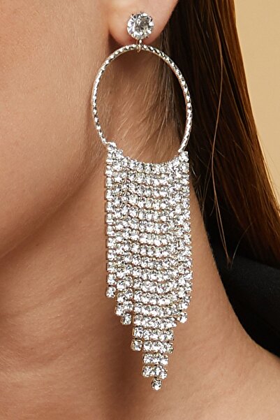 Furtek Aksesuar Kadın Halkalı Saçaklı Sallantılı Uzun Su Yolu Model Taşlı Pırlanta Abiye Düğün Gelin Kına Söz Küpe