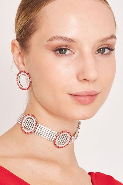 Furtek Aksesuar Women's Piedra Model Red Ring Necklace Earrings Zircon Stone Evening Dress Combination Daily Jewelry Set