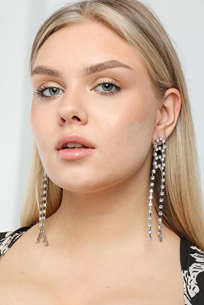 Furtek Aksesuar Kadın Birleşik Halkalı Saçaklı Sallantılı Model Zirkon Taşlı Uzun Gümüş Abiye Düğün Gelin Söz Küpe