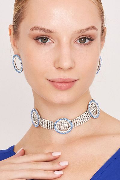 Furtek Aksesuar Women's Piedra Model Blue Ring Necklace Earrings Zircon Stone Evening Dress Combination Daily Jewelry Set