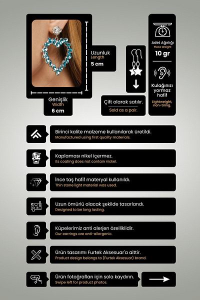 Furtek Aksesuar Women's Turquoise Heart Stone Pendant Model Diamond Evening Dress Promise Henna Wedding Party Prom Earrings