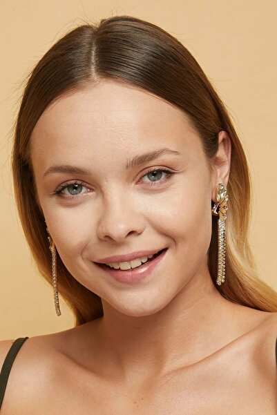 Furtek Aksesuar Kadın Altın Renk Sıkıştırmalı Sallantılı Saçaklı Taşlı Model Abiye Elbise Düğün Nişan Parti Söz Küpe