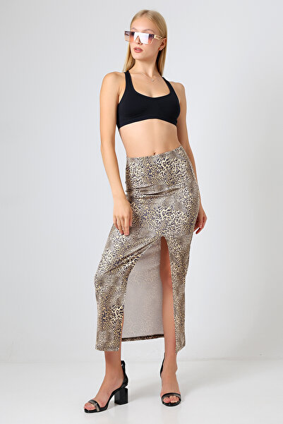 winmoda Fusta Lungă Despicată Tesatura Scufundare Lungime Maxi 92 Cm Model Leopard Mic