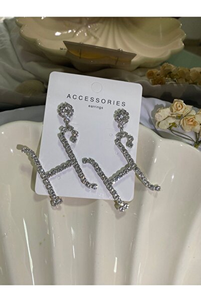 Furtek Aksesuar Kadın H Harf Modeli Zirkon Taşlı Sallantılı Pırlanta Gümüş Abiye Düğün Söz Kına Parti Balo Küpe