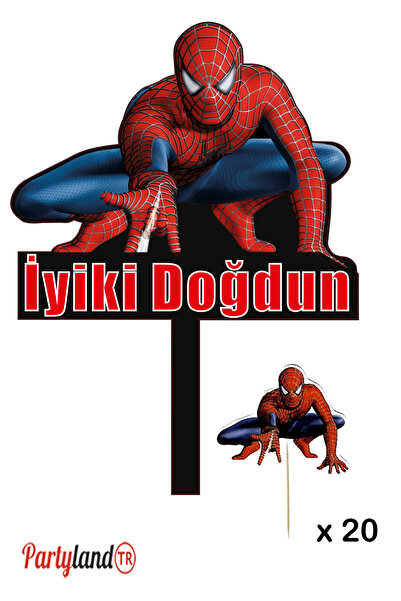 PartylandTR Spiderman Örümcek Adam Temalı Karton Pasta Süsü + 20 Adet Lux Sun...