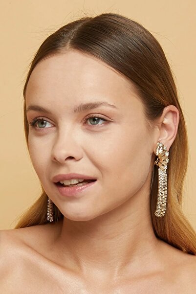 Furtek Aksesuar Kadın Altın Renk Sıkıştırmalı Sallantılı Saçaklı Taşlı Model Abiye Elbise Düğün Nişan Parti Söz Küpe