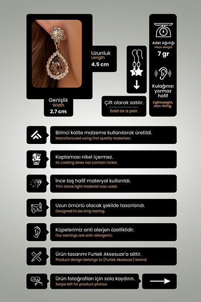 Furtek Aksesuar Women's Radiante Rose Model Zircon Stone Silver Evening Dress Dangle Wedding Engagement Party Prom Daily Earrings
