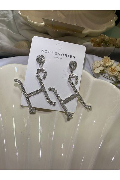 Furtek Aksesuar Women's Letter H Model Zircon Jewelled Dangle Diamond Silver Evening Dress Wedding Promise Henna Party Prom Earrings