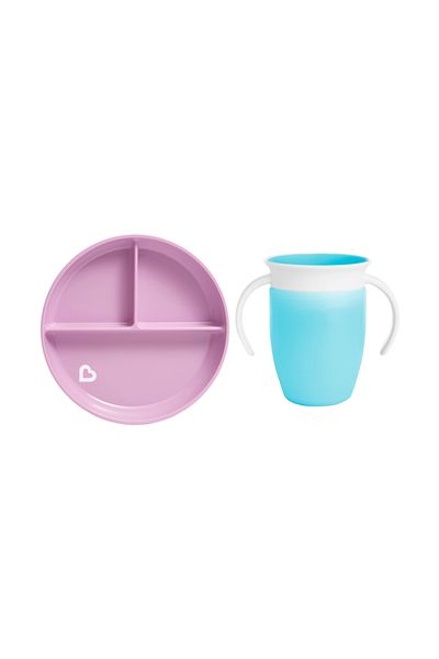 Munchkin Fixed Vacuum Feeding Plate - 360 Training Cups, 6 Months+ Blue&Purple 2 Pack