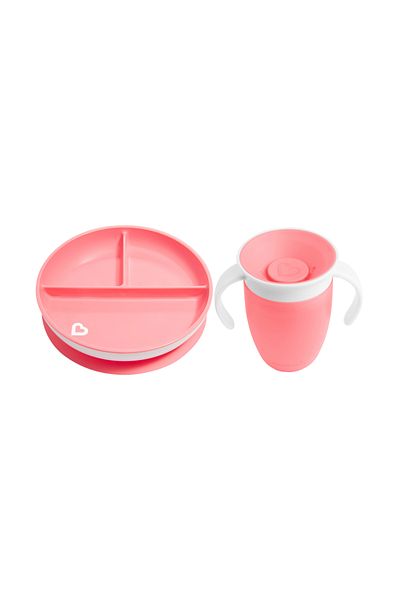 Munchkin 360 Practice Fixed Vacuum Feeding Plate and Cup - 6Ay+ Pink&Pink 2 Pack