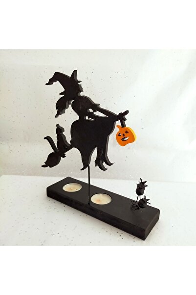 Tahtadenizi Tatlı Cadı Kedi Balkabaklı Mumlu Ahşap Biblo El Yapımı