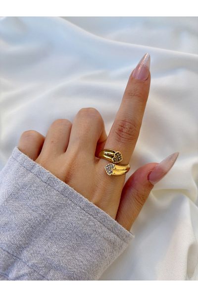 Eylülün Takısı Gold Color Spiral Stone Women's Heart Ring