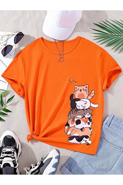 over head oh Πορτοκαλί μπλουζάκι Oversize - Γυναικείο, Γάτες με στάμπα