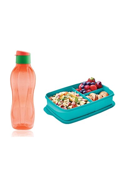 Tupperware زجاجة مياه إيكو 750 مل مرجانية وصندوق غداء مقسم 1 لتر
