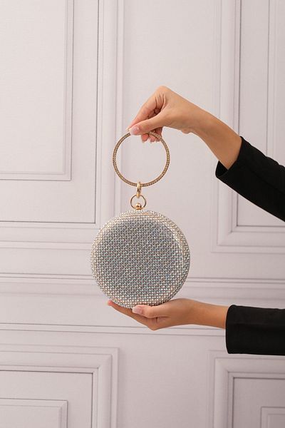 ROZA CANTA Στρογγυλή γυναικεία βραδινή τσάντα Clutch Clutch με χρυσή πέτρα