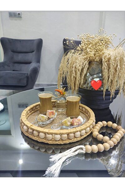 BOHEM 30cm Hasır Ahşap Boncuklu Tepsi, Rafya Sepet , Hasır Tepsi, Hasır Sepet