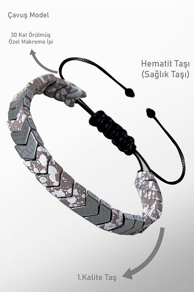Tesbih Atölyesi Gray Sergeant Model - Snowy Quartz and Hematite Bracelet, Adjustable