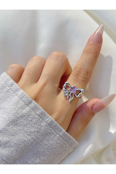 Eylülün Takısı Silver Colored Pink-white Stone Detailed Women's Bow Ring