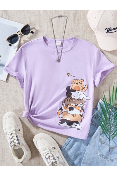 over head oh Tricou de damă oversize cu imprimeu pisici liliac