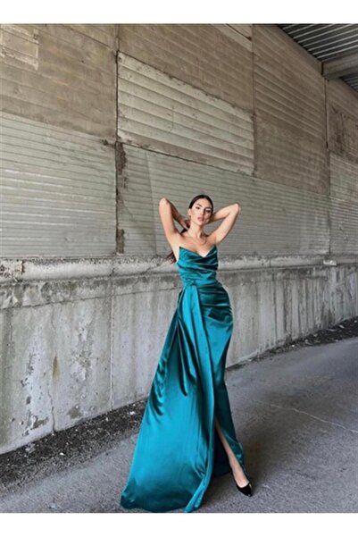 gizzmoda KADIN PAMUK SATEN ALLER YIRTMAÇ DETAYLI DEGAJE YAKA UZUN ABİYE ELBİSE