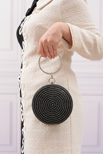 ROZA CANTA Geantă clutch rotundă pentru rochie de seară pentru femei, cu piat...