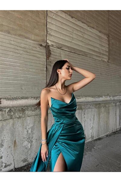 gizzmoda KADIN PAMUK SATEN ALLER YIRTMAÇ DETAYLI DEGAJE YAKA UZUN ABİYE ELBİSE