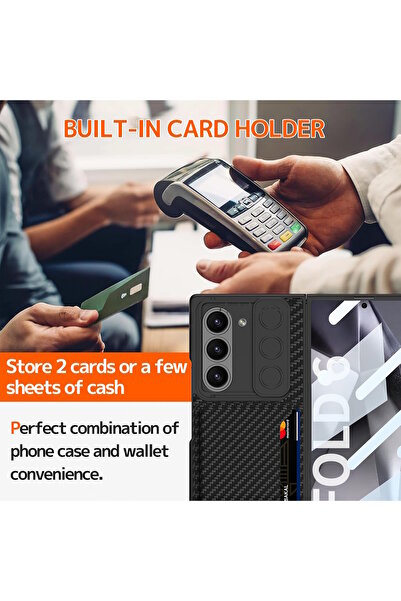 m.tk moveteck Samsung Galaxy Z Fold 6 Kılıf Kamera Korumalı Sürgülü Kartlıklı Cüzdanlı Karbon Kaplama Gizli Bölme