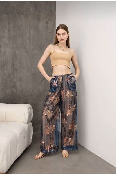 Yonga Moda Kadın Çiçek Desenli Astarlı Tül Pantolon