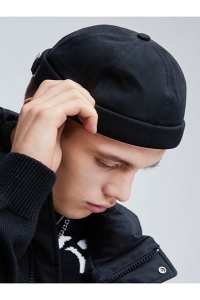 Outlet Çarşım Men's Black Docker Hat Visorless Hiphop Hipster Skullcap