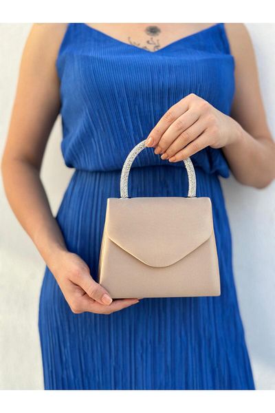 Sh Poly Γυναικείο βραδινό φόρεμα Nude Satin Stone Τσάντα ώμου