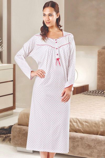 ATINÇ Women's White Long Sleeve Combed Cotton Mother's Nightgown 133