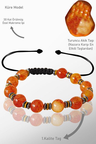 Tesbih Atölyesi Real Hematite Certified - Orange Agate Stone Bracelet - Adjustable