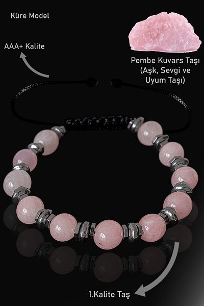 Tesbih Atölyesi Real Hematite Certified - Pink Quartz Bracelet