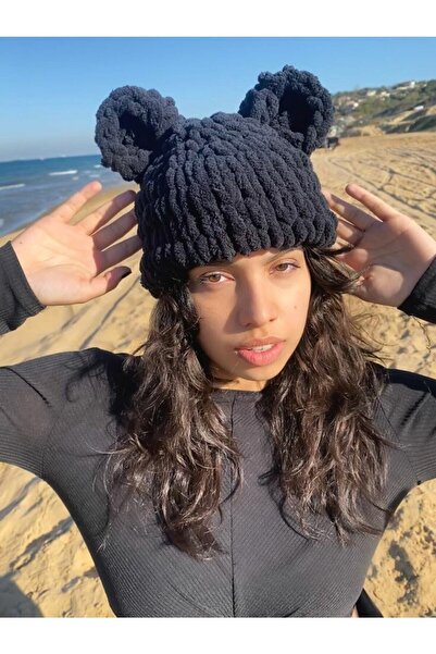 BurDen Dekoratif Ürünler & Tasarım Trend Kar Şapkaları, Siyah Bere, Puffy , Yumuşak Doku, Hayvan Figürlü Kulaklı, Tarz