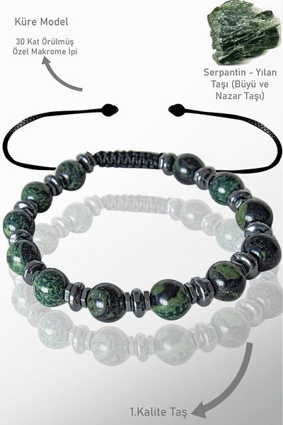 Tesbih Atölyesi Adjustable Bracelet with Real Hematite and Serpentine Stone