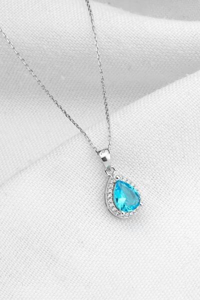 Silvano Jewelry 925 Ayar Gümüş Mavi Taşlı Damla Kolye