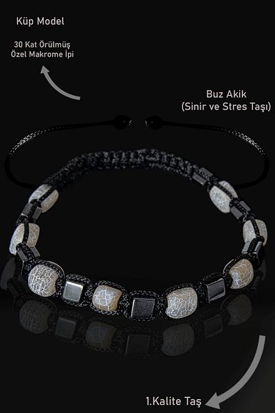 Tesbih Atölyesi Terahertz Certified - Gray Agate Stone Adjustable Cube Bracelet