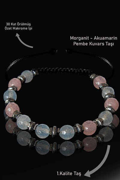 Tesbih Atölyesi Real Aquamarine - Pink Quartz and Morganite Stone Bracelet