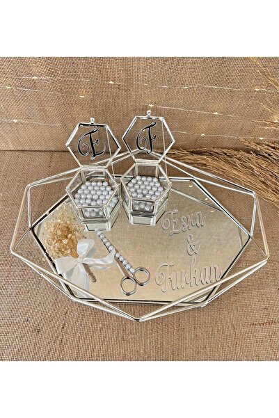 TutkuSetUp Inci Detaylı Prizma Aynalı Söz-nişan Tepsi, Inci Makas, Yüzüklük V...