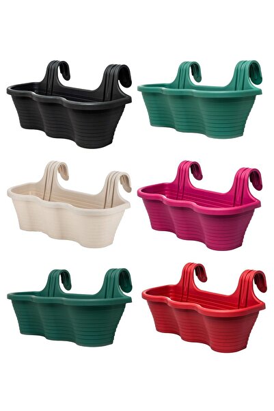 ToXA 6 Adet 10 Litre Renkli Askılı Balkon Küpeşte Saksısı Seti Plastik Askı S...