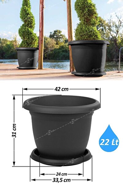 ToXA 22 Litre Ø42x31cm Tabaklı Mat Plastik Büyük Boy Yuvarlak Saksı Villa No9 Antrasit Gri